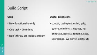 < w e b/ F ><web/F>
Build Script
Gulp
• New functionality only
• One task = One thing
• Don’t throw err inside a stream
Useful Extensions
• concat, cssimport, eslint, gzip,
ignore, minify-css, ngdocs, ng-
annotate, postcss, rename, sass,
sourcemap, svg-sprite, uglify, util
 