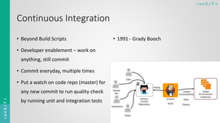 < w e b/ F ><web/F>
Continuous Integration
• Beyond Build Scripts
• Developer enablement – work on
anything, still commit
• Commit everyday, multiple times
• Put a watch on code repo (master) for
any new commit to run quality check
by running unit and integration tests
• 1991 - Grady Booch
 