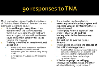 90 responses to TNA Most respondents agreed to the importance of ‘Training Needs Analysis’. Some of the ‘cut’ diamonds (according to me): It should happen every time - if we don’t research the training request there is an increased chance that we’ll miss an opportunity to address the root cause and almost certainly fail to add value in the training. Training should be an investment, not a cost, and  if I buy stock as an investment would I not also do research to find out which investment gives me the most bang for my buck?  In my opinion TNA does exactly the same thing. Some level of needs analysis is necessary to validate the purpose and expected value of any training that is to be delivered. Training Gap Analysis as part of that process allows us to address inadequacies in the development solution. It is best not to skip the Needs Analysis. Training need analysis is the essence of the entire training process.  If we skip TNA, then we wouldn’t be able to comprehend that what are the skills and competencies the employees lack and  consequently there can be a huge performance gap. It “helps us gauge the skill gap, employee competency gap and other additional training requirements” 