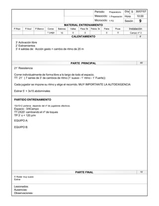 Lesionados:
Ausencias:
Observaciones:
PARTE PRINCIPAL
PARTE FINAL
Periodo:
Mesociclo:
Microciclo:
MATERIAL ENTRENAMIENTO
CALENTAMIENTO
PicasPalosPelota 3kPesa 5kVallasBalonesConosP.BlancoP.AzulP.Rojo
Sesión
Día
Hora
Instalación
30/07/07
10:00
9
Preparatorio
1 Preparación
1 FG
1 juego 10 0 0 0 0
21¶ Resistencia
Correr individualmente de forma libre a lo largo de todo el espacio.
TT: 21¶ ( 7 series de 3¶ de cambios de ritmo (1¶ suave - 1¶ ritmo - 1¶ Fuerte))
Cada jugador se impone su ritmo y elige el recorrido. MUY IMPORTANTE LA AUTOEXIGENCIA
Estirar 5¶ + 3x15 abdominales
8¶
65¶
PARTIDO ENTRENAMIENTO
10x10+2 porteros depende del nº de jugadores efectivos.
Espacio : 3/4Campo
TT:2X20¶ cambiando el nº de toques
TP:3¶ o < 120 p/m
EQUIPO A:
EQUIPO B:
5¶ Rodar muy suave
Estirar
15¶
3¶ Activación libre
2¶ Estiramientos
3¶ 4 salidas de: Acción gesto + cambio de ritmo de 20 m
Campo nº 3
S
 