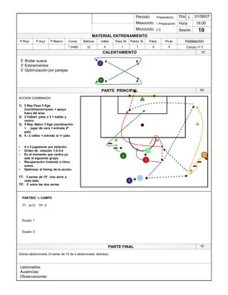 Lesionados:
Ausencias:
Observaciones:
PARTE PRINCIPAL
PARTE FINAL
Periodo:
Mesociclo:
Microciclo:
MATERIAL ENTRENAMIENTO
CALENTAMIENTO
PicasPalosPelota 3kPesa 5kVallasBalonesConosP.BlancoP.AzulP.Rojo
Sesión
Día
Hora
Instalación
01/08/07
18:00
10
Preparatorio
1 Preparación
2 C
1 juego 10 4 1 0 4
ACCION COMBINADA
1) 5 Rep Pesa 5 Kgs
Coordinación+pase + apoyo
fuera del àrea.
2) 2 Vallas+ pase a 3 + salida y
centro
3) 5 Rep. Balon 3 Kgs coordinación
+ jugar de cara + entrada 2º
palo.
4) 4.- 2 vallas + entrada al 1r palo.
‡ 4 o 5 jugadores por estación.
‡ Orden de rotación 1-2-3-4
‡ En el momento que centra ya
sale el siguiente grupo.
‡ Recuperación trotando a ritmo
suave.
‡ Optimizar el timing de la acción.
TT: 2 series de 15¶. Una serie a
cada lado.
TP: 3¶ entre las dos series
5¶ Rodar suave
3¶ Estiramientos
5¶ Optimización por parejas
10¶
Estirar+abdominales (4 series de 10 de 4 abdominales distintos)
15¶
60¶
PARTIDO ½ CAMPO
TT: 2x12¶ TP: 3¶
Equipo 1:
Equipo 2:
1
2
1 Campo nº 3
1
2
1
4
L
3
 