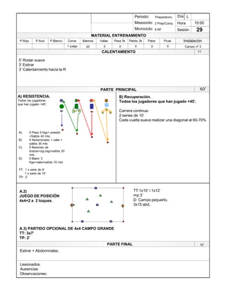 Lesionados:
Ausencias:
Observaciones:
PARTE PRINCIPAL
PARTE FINAL
Periodo:
Mesociclo:
Microciclo:
MATERIAL ENTRENAMIENTO
CALENTAMIENTO
PicasPalosPelota 3kPesa 5kVallasBalonesConosP.BlancoP.AzulP.Rojo
Sesión
Día
Hora
Instalación
5¶ Rodar suave
3¶ Estirar
3¶ Calentamiento hacia la R
60¶
A.2)
JUEGO DE POSICIÓN
4x4+2 a 2 toques.
A.3) PARTIDO OPCIONAL DE 4x4 CAMPO GRANDE
TT: 3x7¶
TP: 2¶
3
2
1
2
3
1 2
4
5
5
TT:1x10¶ i 1x12¶
mp:3¶
D: Campo pequeño.
3x15 abd.
10:00
29
Preparatorio
2 Prep/Comp.
8 RF
1 juego 20 0 0 0 0 Campo nº 30
L
B) Recuperación.
Todos los jugadores que han jugado +45¶.
Carrera continua:
2 series de 10¶
Cada vuelta suave realizar una diagonal al 60-70%
Estirar + Abdominales.
11¶
10¶
A) 5 Pesa 5 Kgs+ presión
+Salida 40 mts.
B) 5 Abdominales + valla +
salida 30 mts
C) 5 flexiones de
brazos+zig-zag+salida 20
mts.
D) 5 Balon 3
Kgs+valla+salida 10 mts
TT: 1 x serie de 8¶
1 x serie de 10¶
TP: 2¶
BC AD
A) RESISTENCIA.
Todos los jugadores
que han jugado +45¶.
 