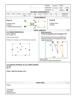 Lesionados:
Ausencias:
Observaciones:
PARTE PRINCIPAL
PARTE FINAL
Periodo:
Mesociclo:
Microciclo:
MATERIAL ENTRENAMIENTO
CALENTAMIENTO
PicasPalosPelota 3kPesa 5kVallasBalonesConosP.BlancoP.AzulP.Rojo
Sesión
Día
Hora
Instalación
Grupo A)
5¶ Rodar suave
3¶ Estirar
3¶ Calentamiento hacia la F
60¶
A.2) PARTIDO OPCIONAL DE 4x4 CAMPO GRANDE
TT: 3x7¶
TP: 2¶
O bien: Ejercicio de pase y tiro.
3
2
1
2
3
1 2
4
5
5
Abdominales
3x15 abd de 5 abdominales distintos..
10:30
35
3 Competición
9 Fr
1 juego 20 0 0 0 0 Campo nº 30
L
B) Recuperación.
Todos los jugadores que han jugado +45¶.
Carrera continua suave con una salida de 3
distancias al 50,60 y 70% después de cada
vuelta:2 series de 8¶
Estirar.
11¶
10¶
A.1) FUERZA RESISTENCIA
Todos los jugadores
que han jugado - 45¶.
Juego de posición 4x4+2C
6 Series de 3¶ con presión y un 1¶30´ de tiempo de recuperación
1
2
Valla
Valla
Grupo B)
5¶ Rodar suave
3¶ Estirar
BC A
30m 40m20m
Suave
Competición
 