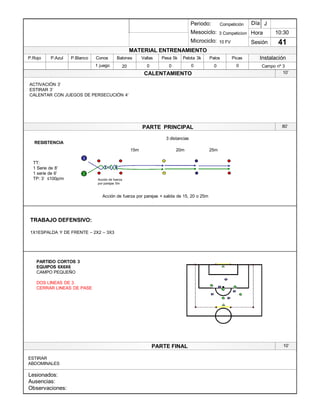 Lesionados:
Ausencias:
Observaciones:
PARTE PRINCIPAL
PARTE FINAL
Periodo:
Mesociclo:
Microciclo:
MATERIAL ENTRENAMIENTO
CALENTAMIENTO
PicasPalosPelota 3kPesa 5kVallasBalonesConosP.BlancoP.AzulP.Rojo
Sesión
Día
Hora
Instalación
1 juego 20 0 0 0 0 Campo nº 30
10:30
41
Competición
3 Competicion
10 FV
J
ACTIVACIÓN 3¶
ESTIRAR 3¶
CALENTAR CON JUEGOS DE PERSECUCIÓN 4¶
1
RESISTENCIA
2
15m 20m 25m
Acción de fuerza
por parejas 5m
Acción de fuerza por parejas + salida de 15, 20 o 25m
3 distancias
10¶
80¶
10¶
TT:
1 Serie de 8¶
1 serie de 6¶
TP: 3¶ ”100p/m
TRABAJO DEFENSIVO:
1X1ESPALDA Y DE FRENTE ± 2X2 ± 3X3
1
1
1
1
2
2
2 1
1 22
1
PARTIDO CORTOS 3
EQUIPOS 6X6X6
CAMPO PEQUEÑO
DOS LINEAS DE 3.
CERRAR LINEAS DE PASE
ESTIRAR
ABDOMINALES
 