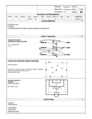 Lesionados:
Ausencias:
Observaciones:
PARTE PRINCIPAL
PARTE FINAL
Periodo:
Mesociclo:
Microciclo:
MATERIAL ENTRENAMIENTO
CALENTAMIENTO
PicasPalosPelota 3kPesa 5kVallasBalonesConosP.BlancoP.AzulP.Rojo
Sesión
Día
Hora
Instalación
1 juego 20 0 0 0 0 Campo nº 30
10:30
46
Competición
3 Competicion
11 VF
J
10¶10¶
80¶
10¶
JUEGO DE POSICIÓN CAMPO PEQUEÑO
4x4+3comodines
2 series de 8¶ campo normal y 2 series de 6¶ campo+ pequeño
Tiempo de pausa entre series de 1¶30´
Ritmo defensivo alto.
3
1
2
3
1 2
4
5
1
1
1
1
2
2
2 1
1 22
1
PARTIDO CORTOS 3
EQUIPOS
CAMPO PEQUEÑO
20¶ Cambio al gol
ESTIRAR
ABDOMINALES
3
EJERCICIO DE PASE
PODEMOS ACABAR CON TIRO
TT: 3 x series de 6¶-
TP: 2¶
2
1
1 11 1
2
3
4 44
1 11
2
3
4 441
1 11 1
2
3
4 44
5¶ Rodar suave
3¶ Estirar
3¶ Calentamiento con balón y pasar al ejercicio de pase+tiro
1
 