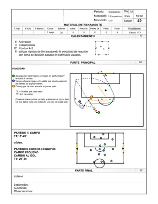 Lesionados:
Ausencias:
Observaciones:
PARTE PRINCIPAL
PARTE FINAL
Periodo:
Mesociclo:
Microciclo:
MATERIAL ENTRENAMIENTO
CALENTAMIENTO
PicasPalosPelota 3kPesa 5kVallasBalonesConosP.BlancoP.AzulP.Rojo
Sesión
Día
Hora
Instalación
1 juego 20 0 0 0 4 Campo nº 30
10:30
49
Competición
3 Competicion
12 V
M
10¶
VELOCIDAD
1 3
4
2
1
2
4
5¶ Activación
3¶ Estiramientos
12¶ Rondos 4x2
6¶ salidas rápidas de 5m trabajando la velocidad de reacción
con toma de decisión basado en estímulos visuales.
PARTIDO ½ CAMPO
TT:15¶-20¶
o bien,
PARTIDOS CORTOS 3 EQUIPOS
CAMPO PEQUEÑO
CAMBIO AL GOL
TT: 20¶-25¶
8
56
3
1
12
5
864
49
9
7
7
ESTIRAR
80¶
10¶
1
2
3
1
1
2
3
Zig-zag con balón+pase a 2+pase en profundidad+
entrada al remate.
Vengo a buscar+pase a 3+salida por banda pasando
por detrás de la pica+centro.
Finta+jugar de car+ entrada al primer palo.
TT: 4 Vueltas por cada lado.
TP: 3-4¶ recuperar
Podemos hacer primer un lado y después el otro o bien
los dos lados cada vez saliendo una vez de cada lado.
 