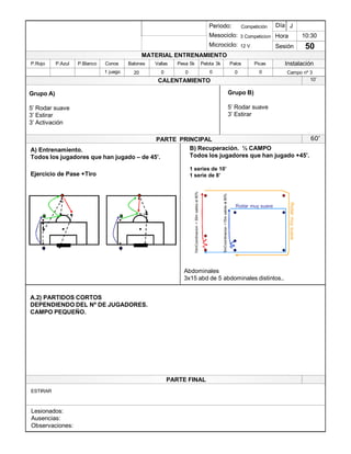 Lesionados:
Ausencias:
Observaciones:
PARTE PRINCIPAL
PARTE FINAL
Periodo:
Mesociclo:
Microciclo:
MATERIAL ENTRENAMIENTO
CALENTAMIENTO
PicasPalosPelota 3kPesa 5kVallasBalonesConosP.BlancoP.AzulP.Rojo
Sesión
Día
Hora
Instalación
1 juego 20 0 0 0 0 Campo nº 30
10:30
50
Competición
3 Competicion
12 V
J
10¶
Grupo A)
5¶ Rodar suave
3¶ Estirar
3¶ Activación
60¶
A.2) PARTIDOS CORTOS
DEPENDIENDO DEL Nº DE JUGADORES.
CAMPO PEQUEÑO.
Abdominales
3x15 abd de 5 abdominales distintos..
B) Recuperación. ½ CAMPO
Todos los jugadores que han jugado +45¶.
1 series de 10¶
1 serie de 8¶
Grupo B)
5¶ Rodar suave
3¶ Estirar
Rodarmuysuave
Ejercicio de Pase +Tiro
A) Entrenamiento.
Todos los jugadores que han jugado ± de 45¶.
ESTIRAR
Rodar muy suave
10mCoordinacion+30msalidaal60%
5mCoordinacion+15msalidaal80%
1
3
2
1
3
2
 
