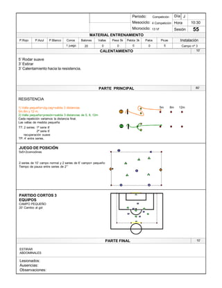 Lesionados:
Ausencias:
Observaciones:
PARTE PRINCIPAL
PARTE FINAL
Periodo:
Mesociclo:
Microciclo:
MATERIAL ENTRENAMIENTO
CALENTAMIENTO
PicasPalosPelota 3kPesa 5kVallasBalonesConosP.BlancoP.AzulP.Rojo
Sesión
Día
Hora
Instalación
1 juego 20 0 0 0 5 Campo nº 30
10:30
55
Competición
4 Competición
13 Vf
J
10¶10¶
80¶
10¶
JUEGO DE POSICIÓN
5x5+2comodines
2 series de 10¶ campo normal y 2 series de 6¶ campo+ pequeño
Tiempo de pausa entre series de 2¶´
3
1
2
3
1 2
4
4
1
1
1
1
2
2
2 1
1 22
1
PARTIDO CORTOS 3
EQUIPOS
CAMPO PEQUEÑO
20¶ Cambio al gol
ESTIRAR
ABDOMINALES
2
5¶ Rodar suave
3¶ Estirar
3¶ Calentamiento hacia la resistencia.
1
1
2TT: 2 series: 1ª serie 8¶
2ª serie 6¶
recuperación suave
TP: 4¶ entre series.
5m 8m 12m
RESISTENCIA
1) Valla pequeña+zig-zag+salida 3 distancias
5m.8m y 12 m.
2) Valla pequeña+presión+salida 3 distancias de 5, 8, 12m
Cada repetición variamos la distancia final.
Las vallas de medida pequeña
5
5
 