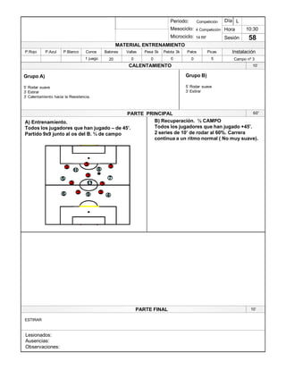 Lesionados:
Ausencias:
Observaciones:
PARTE PRINCIPAL
PARTE FINAL
Periodo:
Mesociclo:
Microciclo:
MATERIAL ENTRENAMIENTO
CALENTAMIENTO
PicasPalosPelota 3kPesa 5kVallasBalonesConosP.BlancoP.AzulP.Rojo
Sesión
Día
Hora
Instalación
1 juego 20 0 0 0 5 Campo nº 30
10:30
58
Competición
4 Competición
14 RF
L
10¶
Grupo A)
5¶ Rodar suave
3¶ Estirar
3¶ Calentamiento hacia la Resistencia.
60¶
B) Recuperación. ½ CAMPO
Todos los jugadores que han jugado +45¶.
2 series de 10¶ de rodar al 60%. Carrera
continua a un ritmo normal ( No muy suave).
Grupo B)
5¶ Rodar suave
3¶ Estirar
ESTIRAR
10¶
A) Entrenamiento.
Todos los jugadores que han jugado ± de 45¶.
Partido 9x9 junto al os del B. ¾ de campo
3
5
6 4
7
11
9
810
33
3
33
3 3
 