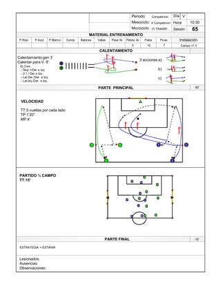 Lesionados:
Ausencias:
Observaciones:
PARTE PRINCIPAL
PARTE FINAL
Periodo:
Mesociclo:
Microciclo:
MATERIAL ENTRENAMIENTO
CALENTAMIENTO
PicasPalosPelota 3kPesa 5kVallasBalonesConosP.BlancoP.AzulP.Rojo
Sesión
Día
Hora
Instalación
0
10:30
65
Competición
4 Competicion
15 TRANSF.
V
15¶
ESTRATEGIA + ESTIRAR
Calentamiento gen 3¶
Calentar para V. 8¶
Ej.Coor.
.- Skip.1/Der e Izq
.- 2-1 / Der e Izq.
.- Lat.Der./Der. e Izq.
.- Lat.Izq./Der. e Izq.
1
2
3 acciones:a)
b)
c)
Campo nº 3
1
1
3 2
1
32
VELOCIDAD
TT:3 vueltas por cada lado
TP:1¶20´
MP:4¶
PARTIDO ½ CAMPO
TT:15¶
8
56
3
1
12
5
864
49
9
7
7
60¶
710
 