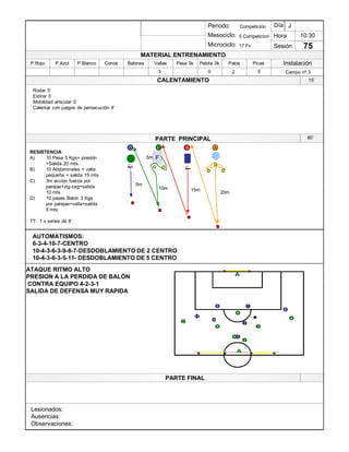 Lesionados:
Ausencias:
Observaciones:
PARTE PRINCIPAL
PARTE FINAL
Periodo:
Mesociclo:
Microciclo:
MATERIAL ENTRENAMIENTO
CALENTAMIENTO
PicasPalosPelota 3kPesa 5kVallasBalonesConosP.BlancoP.AzulP.Rojo
Sesión
Día
Hora
Instalación
0
10:30
75
Competición
5 Competicion
17 Fv.
J
Campo nº 3523
RESISTENCIA
A) 10 Pesa 5 Kgs+ presión
+Salida 20 mts.
B) 10 Abdominales + valla
pequeña + salida 15 mts
C) 3m accion fuerza por
parejas+zig-zag+salida
10 mts.
D) 10 pases Balon 3 Kgs
por parejas+valla+salida
5 mts
TT: 1 x series de 8¶
Rodar 5¶
Estirar 3¶
Mobilidad articular 3¶
Calentar con juegos de persecución 4¶
15¶
BC AD
F5m
20m
15m10m
5m
80¶
AUTOMATISMOS:
6-3-4-10-7-CENTRO
10-4-3-6-3-9-8-7-DESDOBLAMIENTO DE 2 CENTRO
10-4-3-6-3-5-11- DESDOBLAMIENTO DE 5 CENTRO
ATAQUE RITMO ALTO
PRESION A LA PERDIDA DE BALÓN
CONTRA EQUIPO 4-2-3-1
SALIDA DE DEFENSA MUY RAPIDA
1
5
11
9
2
8
9
8
10
2
7
2
2
1
9
9
 
