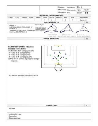 Lesionados:
Ausencias:
Observaciones:
PARTE PRINCIPAL
PARTE FINAL
Periodo:
Mesociclo:
Microciclo:
MATERIAL ENTRENAMIENTO
CALENTAMIENTO
PicasPalosPelota 3kPesa 5kVallasBalonesConosP.BlancoP.AzulP.Rojo
Sesión
Día
Hora
Instalación
0
10:30
83
Competición
5 Competición
19 V
X
Campo nº 3000
29¶
RODAR 5¶
EJERCICIO DE CONTROL PASE 18¶
ESTIRAR 3¶
TERMINAR DE CALENTAR CON BALÓN
HACIA LA COMPETICIÓN 3¶
PARTIDOS CORTOS: 3 Equipos
Partidos cortos 6x6x6
TT: Partidos de 4¶ campo pequeño.
1ª vuelta de 6¶ campo normal
2ª vuelta de 5¶ campo normal
3ª vuelta de 4¶ campo pequeño
Al final 25¶ de cambio al gol con el campo +
pequeño.
1
1
1
1
1
1
2
2
2
2
2
1
SOLAMENTE HACEMOS PARTIDOS CORTOS.
60¶
1
1 1
3
2
1
1
1 1
1
1
1
1
1 1
1
1
1
2 balones a la vez
3 vueltas derecha y izquierda
1balon a la vez
3 vueltas derecha y izquierda
2 balones a la vez
3 vueltas derecha y izquierda
Ejercicio de pase
Iniciar los ejercicios con
un solo balón, una vez
establecida la dinámica
introducir el 2º balón.
10¶
ESTIRAR
Alex.
 