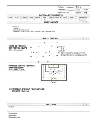 Lesionados:
Ausencias:
Observaciones:
PARTE PRINCIPAL
PARTE FINAL
Periodo:
Mesociclo:
Microciclo:
MATERIAL ENTRENAMIENTO
CALENTAMIENTO
PicasPalosPelota 3kPesa 5kVallasBalonesConosP.BlancoP.AzulP.Rojo
Sesión
Día
Hora
Instalación
0
10:30
84
Competición
5 Competición
19 V
J
Campo nº 3000
10¶
JUEGO DE POSICIÓN
CON TODO EL EQUIPO
6x6+4 a 2 toques.
5
22
4
7
11
34
105
TT:2x10¶
2x 8¶
mp:1¶30´
D: 2 primeras series campo normal
2 segundas series campo pequeño.
70¶
RODAR 5¶
ESTIRAR 3¶
MOBILIDAD ARTICULAR 3¶
TERMINAR DE CALENTAR CON EL EJERCICIO DE CONTROL PASE
PARTIDOS CORTOS 3 EQUIPOS
CAMPO PEQUEÑO
20¶ CAMBIO AL GOL.
1
1
1
1 1
1
2
2
2
2
2 1
ESTIRAR
10¶
6
8
7
9
8
10
ESTRAETEGIA OFENSIVA Y DEFENSIVA EN
CORNERS Y FALTAS
 