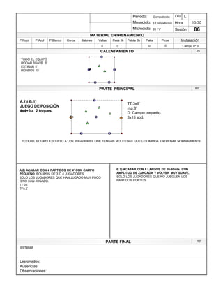 Lesionados:
Ausencias:
Observaciones:
PARTE PRINCIPAL
PARTE FINAL
Periodo:
Mesociclo:
Microciclo:
MATERIAL ENTRENAMIENTO
CALENTAMIENTO
PicasPalosPelota 3kPesa 5kVallasBalonesConosP.BlancoP.AzulP.Rojo
Sesión
Día
Hora
Instalación
10:30
86
Competición
5 Competicion
20 f V
L
0 Campo nº 3000
25¶
1 3
4
2
1
2
4
TODO EL EQUIPO
RODAR SUAVE 5¶
ESTIRAR 5¶
RONDOS 15¶
A.1)i B.1)
JUEGO DE POSICIÓN
4x4+3 a 2 toques.
3
2
1
2
3
1 2
4
5
5
TT:3x8¶
mp:3¶
D: Campo pequeño.
3x15 abd.
A.2) ACABAR CON 4 PARTIDOS DE 4¶ CON CAMPO
PEQUEÑO. EQUIPOS DE 3 O 4 JUGADORES.
SOLO LOS JUGADORES QUE HAN JUGADO MUY POCO
O NO HAN JUGADO.
TT:25¶
TPs:2¶
TODO EL EQUIPO EXCEPTO A LOS JUGADORES QUE TENGAN MOLESTIAS QUE LES IMPIDA ENTRENAR NORMALMENTE.
B.2) ACABAR CON 6 LARGOS DE 50-60mts. CON
AMPLITUD DE ZANCADA Y VOLVER MUY SUAVE.
SOLO LOS JUGADORES QUE NO JUEGUEN LOS
PARTIDOS CORTOS.
10¶
ESTIRAR
60¶
 