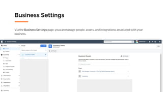 Copyright 2019 www.Coursenvy.com
Business Settings
Via the Business Settings page, you can manage people, assets, and integrations associated with your
business.
 