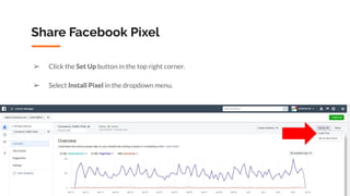 Copyright 2019 www.Coursenvy.com
Share Facebook Pixel
➢ Click the Set Up button in the top right corner.
➢ Select Install Pixel in the dropdown menu.
 