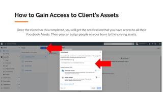 Copyright 2019 www.Coursenvy.com
How to Gain Access to Client’s Assets
Once the client has this completed, you will get the notiﬁcation that you have access to all their
Facebook Assets. Then you can assign people on your team to the varying assets.
 