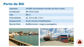 Porto de Díli
Operador APORTIL (Autoridade Portuária de Timor-Leste)
Localização Dili, Timor-Leste
Cáis 289 m
Profundidade...