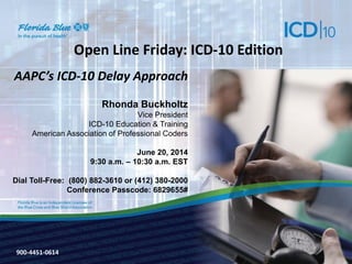 900-3571-0213
Open Line Friday: ICD-10 Edition
AAPC’s ICD-10 Delay Approach
Rhonda Buckholtz
Vice President
ICD-10 Education & Training
American Association of Professional Coders
June 20, 2014
9:30 a.m. – 10:30 a.m. EST
Dial Toll-Free: (800) 882-3610 or (412) 380-2000
Conference Passcode: 6829655#
900-4451-0614
 
