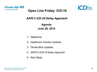 Open Line Friday: ICD-10
AAPC’s ICD-10 Delay Approach
4
Agenda
June 20, 2014
1. Objectives
2. Healthcare Industry Updates
3. Florida Blue Updates
4. AAPC’s ICD-10 Delay Approach
5. Next Steps
 