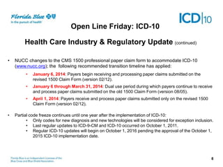 Open Line Friday: ICD-10
Health Care Industry & Regulatory Update (continued)
• NUCC changes to the CMS 1500 professional paper claim form to accommodate ICD-10
(www.nucc.org); the following recommended transition timeline has applied:
• January 6, 2014: Payers begin receiving and processing paper claims submitted on the
revised 1500 Claim Form (version 02/12).
• January 6 through March 31, 2014: Dual use period during which payers continue to receive
and process paper claims submitted on the old 1500 Claim Form (version 08/05).
• April 1, 2014: Payers receive and process paper claims submitted only on the revised 1500
Claim Form (version 02/12).
• Partial code freeze continues until one year after the implementation of ICD-10:
• Only codes for new diagnosis and new technologies will be considered for exception inclusion.
• Last regular updates to ICD-9-CM and ICD-10 occurred on October 1, 2011.
• Regular ICD-10 updates will begin on October 1, 2016 pending the approval of the October 1,
2015 ICD-10 implementation date.
8
 