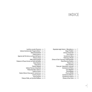 17
INDICE
Lanificio-scuola Piacenza
Istituto Commerciale “Eugenio Bona”
Villa Oreste Rivetti
Palazzo Ronco
Agenzia del Territorio, ex-Casa del Fascio
Palazzo Trossi
Villa Eugenio Rivetti
Palestra di Piazza Curiel, ex-Casa del Balilla
Casa Amosso
Casa Cervo
Palazzo Righetti
Istituto Tecnico Industriale
Palazzotto Ripa e Banca
Palazzo Centro
Stadio Vittorio Pozzo già A. Lamarmora
Cinema Impero
Casa Carpano
Palazzo Pella, ex-Convitto Biellese
Ospedale degli Infermi - Monoblocco
Bagni Pubblici
Unione Industriale
Torre Littoria
Condominio Adua
Pettinature Rivetti
Chiesa di San Francesco dell’Ospedale
Casa Giacomo Gualino
Palazzo Ina
Casa Giardino
Case per i dipendenti comunali
Condominio S.Pietro
Casa Miglietti
Casa Maggia
Piscina Rivetti
Condominio Mazzini
Condominio Imperia
Chiesa di San Carlo
pag. 34
pag. 36
pag. 38
pag. 40
pag. 42
pag. 44
pag. 46
pag. 48
pag. 50
pag. 52
pag. 54
pag. 56
pag. 58
pag. 60
pag. 62
pag. 64
pag. 66
pag. 68
pag. 70
pag. 72
pag. 74
pag. 76
pag. 78
pag. 80
pag. 82
pag. 84
pag. 86
pag. 88
pag. 90
pag. 92
pag. 94
pag. 96
pag. 98
pag. 100
pag. 102
pag. 104
 