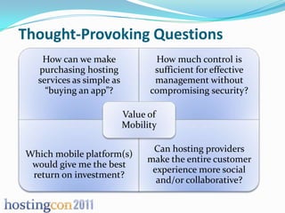 Thought-Provoking Questions
   How can we make               How much control is
  purchasing hosting             sufficient for effective
  services as simple as          management without
    “buying an app”?            compromising security?

                          Value of
                          Mobility

                                Can hosting providers
Which mobile platform(s)
                               make the entire customer
 would give me the best
                                experience more social
 return on investment?
                                 and/or collaborative?
 