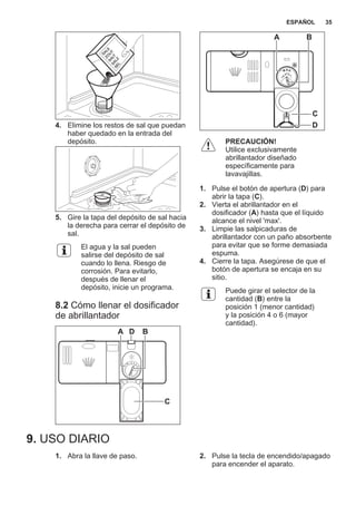 4. Elimine los restos de sal que puedan
haber quedado en la entrada del
depósito.
5. Gire la tapa del depósito de sal hacia
la derecha para cerrar el depósito de
sal.
El agua y la sal pueden
salirse del depósito de sal
cuando lo llena. Riesgo de
corrosión. Para evitarlo,
después de llenar el
depósito, inicie un programa.
8.2 Cómo llenar el dosificador
de abrillantador
A BD
C
MAX
1
23
4
+ -
A B
D
C
PRECAUCIÓN!
Utilice exclusivamente
abrillantador diseñado
específicamente para
lavavajillas.
1. Pulse el botón de apertura (D) para
abrir la tapa (C).
2. Vierta el abrillantador en el
dosificador (A) hasta que el líquido
alcance el nivel 'max'.
3. Limpie las salpicaduras de
abrillantador con un paño absorbente
para evitar que se forme demasiada
espuma.
4. Cierre la tapa. Asegúrese de que el
botón de apertura se encaja en su
sitio.
Puede girar el selector de la
cantidad (B) entre la
posición 1 (menor cantidad)
y la posición 4 o 6 (mayor
cantidad).
9. USO DIARIO
1. Abra la llave de paso. 2. Pulse la tecla de encendido/apagado
para encender el aparato.
ESPAÑOL 35
 