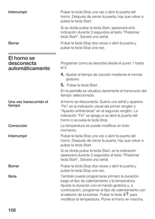 Interrumpir               Pulsar la tecla Stop una vez o abrir la puerta del
                          horno. Después de cerrar la puerta, hay que volver a
                          pulsar la tecla Start.
                          Si se olvida pulsar la tecla Start, aparecerá el la
                          indicación durante 3 segundos el texto Presionar
                          tecla Start". Sonará una señal.
Borrar                    Pulsar la tecla Stop dos veces o abrir la puerta y
                          pulsar la tecla Stop una vez.

El horno se
desconecta                Programar como se describe desde el punto 1 hasta
automáticamente           el 3.
                          4. Ajustar el tiempo de cocción mediante el mondo
                             giratorio.
                          5. Pulsar la tecla Start.
                          En la pantalla se visualiza claramente el transcurso del
                          tiempo seleccionado.
Una vez transcurrido el   el horno se desconecta. Suena una señal y aparece
tiempo                    "Fin" en la indicación visual del primer renglón y
                          "Aparato enfriándose" en el segundo renglón. La
                          indicación "Fin" se apaga si se abre la puerta del
                          horno o se pulsa la tecla Stop.
Corrección                La temperatura se puede modificar en todo
                          momento.
Interrumpir               Pulsar la tecla Stop una vez o abrir la puerta del
                          horno. Después de cerrar la puerta, hay que volver a
                          pulsar la tecla Start.
                          Si se olvida pulsar la tecla Start, en la indicación
                          aparecerá durante 3 segundos el texto Presionar
                          tecla Start". Sonará una señal.
Borrar                    Pulsar la tecla Stop dos veces o abrir la puerta y
                          pulsar la tecla Stop una vez.
Nota                      También puede programarse primero la duración,
                          luego el tipo de calentamiento y la temperatura.
                          Ajustar la duración con el mando giratorio y, a
                          continuación, programar el tipo de calentamiento con
                          el selector de funciones. Pulsar la tecla BA para
                          modificar la temperatura. Poner el horno en marcha.


108
 