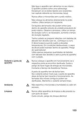 Não ligue o aparelho sem alimentos no seu interior.
                         O aparelho poderia sofrer uma sobrecarga.
                         Exceptuam se os testes rápidos aos recipientes
                         (ver capítulo referente ao microondas, loiça).
                         Nunca utilize o microondas sem o prato rotativo.
                         Não coloque os alimentos directamente no prato
                         rotativo. Utilize sempre um recipiente.
                         Os líquidos derramados não podem entrar para
                         dentro do aparelho através da unidade propulsora do
                         prato rotativo. Observe o processo. Utilize um tempo
                         de duração curto e, se necessário, aumente o tempo
                         de duração regulado.
                         Tenha cuidado ao preparar refeições com bebidas de
                         elevado teor alcoólico (por ex., conhaque ou rum).
                         O álcool evapora quando sujeito a elevadas
                         temperaturas. Em condições desfavoráveis, o vapor
                         de álcool pode incendiar dentro do aparelho. Perigo
                         de queimaduras!
                         Utilize apenas pequenas quantidades de bebidas
                         com elevado teor alcoólico e abra a porta do aparelho
                         com cuidado.

Vedante e porta do
aparelho
                     d   Nunca coloque o aparelho em funcionamento se a
                         respectiva porta se encontrar danificada. Existe o
                         perigo de haver fugas de energia de microondas.
                         Contacte o Serviço de Assistência Técnica.
                         A porta do aparelho tem de fechar bem.
                         Se o vedante estiver muito sujo, a porta do aparelho
                         deixa de fechar bem durante o funcionamento. As
                         fachadas dos móveis contíguos podem ser
                         danificadas. Mantenha o vedante sempre limpo.

Ambiente             d   Não exponha o microondas a humidades ou calor em
                         excesso.

Limpeza              d   Nunca utilize aparelhos de limpeza a alta pressão ou
                         com jacto de vapor!
                         Curto circuito, perigo de choque eléctrico!




                                                                            153
 