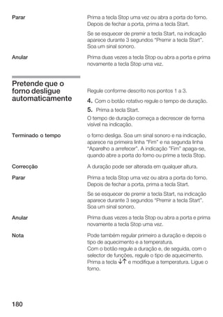 Parar               Prima a tecla Stop uma vez ou abra a porta do forno.
                    Depois de fechar a porta, prima a tecla Start.
                    Se se esquecer de premir a tecla Start, na indicação
                    aparece durante 3 segundos Premir a tecla Start".
                    Soa um sinal sonoro.

Anular              Prima duas vezes a tecla Stop ou abra a porta e prima
                    novamente a tecla Stop uma vez.


Pretende que o
forno desligue      Regule conforme descrito nos pontos 1 a 3.
automaticamente     4. Com o botão rotativo regule o tempo de duração.
                    5. Prima a tecla Start.
                    O tempo de duração começa a decrescer de forma
                    visível na indicação.

Terminado o tempo   o forno desliga. Soa um sinal sonoro e na indicação,
                    aparece na primeira linha "Fim" e na segunda linha
                    Aparelho a arrefecer". A indicação "Fim" apaga se,
                    quando abre a porta do forno ou prime a tecla Stop.

Correcção           A duração pode ser alterada em qualquer altura.

Parar               Prima a tecla Stop uma vez ou abra a porta do forno.
                    Depois de fechar a porta, prima a tecla Start.
                    Se se esquecer de premir a tecla Start, na indicação
                    aparece durante 3 segundos Premir a tecla Start".
                    Soa um sinal sonoro.

Anular              Prima duas vezes a tecla Stop ou abra a porta e prima
                    novamente a tecla Stop uma vez.

Nota                Pode também regular primeiro a duração e depois o
                    tipo de aquecimento e a temperatura.
                    Com o botão regule a duração e, de seguida, com o
                    selector de funções, regule o tipo de aquecimento.
                    Prima a tecla BA e modifique a temperatura. Ligue o
                    forno.




180
 