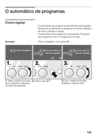 O automático de programas

Como regular
                                       O automático de programas permite lhe descongelar
                                       facilmente os alimentos e preparar inúmeras refeições
                                       de forma simples e rápida.
                                       O automático de programas compreende 10 grupos
                                       de programas com 41 programas no total.

Exemplo:                               Pizza congelada, com base alta.


            Pizza, congelada                      Pizza, pré cozida, com                   Pizza, pré cozida, com
                                                  base fina, congelada                     base alta, congelada
                                   h       min                                h     min
                                           sec                                      sec
                                             kg                                       kg




 1.                                2.                                        3.
               P                       P                                                     P




1. Rode o selector de funções   2. Prima a tecla BA.                       3. Com o selector de funções,
para a esquerda e seleccione                                               modifique a segunda linha.
um grupo de programas.




                                                                                                             195
 