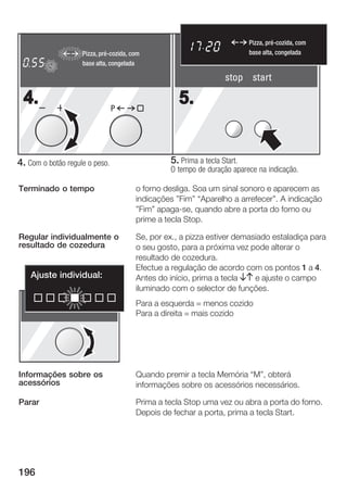Pizza, pré cozida, com
                    Pizza, pré cozida, com                                 base alta, congelada
   h      min
          sec
            kg      base alta, congelada

                                                                   stop start

 4.                             P
                                                    5.


4. Com o botão regule o peso.                    5. Prima a tecla Start.
                                                 O tempo de duração aparece na indicação.

Terminado o tempo                       o forno desliga. Soa um sinal sonoro e aparecem as
                                        indicações "Fim" Aparelho a arrefecer". A indicação
                                        "Fim" apaga se, quando abre a porta do forno ou
                                        prime a tecla Stop.

Regular individualmente o               Se, por ex., a pizza estiver demasiado estaladiça para
resultado de cozedura                   o seu gosto, para a próxima vez pode alterar o
                                        resultado de cozedura.
                                        Efectue a regulação de acordo com os pontos 1 a 4.
       Ajuste individual:               Antes do início, prima a tecla BA e ajuste o campo
                                        iluminado com o selector de funções.
                                        Para a esquerda = menos cozido
                                        Para a direita = mais cozido




Informações sobre os                    Quando premir a tecla Memória M", obterá
acessórios                              informações sobre os acessórios necessários.

Parar                                   Prima a tecla Stop uma vez ou abra a porta do forno.
                                        Depois de fechar a porta, prima a tecla Start.




196
 