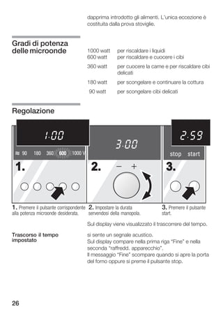 dapprima introdotto gli alimenti. L'unica eccezione è
                                      costituita dalla prova stoviglie.


Gradi di potenza
delle microonde                       1000 watt     per riscaldare i liquidi
                                      600 watt      per riscaldare e cuocere i cibi
                                      360 watt      per cuocere la carne e per riscaldare cibi
                                                    delicati
                                      180 watt      per scongelare e continuare la cottura
                                      90 watt       per scongelare cibi delicati


Regolazione




     90   180    360   600   1000 V                                         stop start

 1.                                    2.                                 3.


1. Premere il pulsante corrispondente 2. Impostare la durata            3. Premere il pulsante
alla potenza microonde desiderata.    servendosi della manopola.        start.

                                      Sul display viene visualizzato il trascorrere del tempo.

Trascorso il tempo                    si sente un segnale acustico.
impostato                             Sul display compare nella prima riga Fine" e nella
                                      seconda raffredd. apparecchio".
                                      Il messaggio Fine" scompare quando si apre la porta
                                      del forno oppure si preme il pulsante stop.




26
 