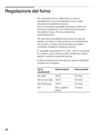 Regolazione del forno
              Per impostare il forno, selezionare un tipo di
              riscaldamento ed una temperatura od un grado
              servendosi del selettore funzioni.
              Con la manopola è possibile impostare anche una
              durata per la pietanza. Una volta trascorso questo
              intervallo di tempo, il forno si disattiverà
              automaticamente.
              Per ogni tipo di riscaldamento la seconda riga del
              display con testo in chiaro propone una temperatura
              od un grado. Il valore raccomandato può essere
              modificato mediante il selettore funzioni.
              E' possibile impostare 40 ºC e 100 250 ºC a intervalli
              di 5 gradi e, per la cottura al grill, i livelli forte, medio,
              debole, nonché la superficie piccola.
              Il valore proposto per la durata può essere modificato
              mediante la manopola.

              Tipi di                Valore proposto      Valore proposto
              riscaldamento
              Aria calda             160 ºC               20 minuti
              Grill con aria calda   160 ºC               20 minuti
              Grill ricircolo aria   160 ºC               20 minuti
              Grill                  forte, superficie    10 minuti
                                     grande




34
 