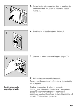 3. Svitare la vite sulla copertura della lampada sulla
  A                     parete sinistra e rimuovere la copertura stessa
                        (Figura A).




                     4. Smontare la lampada alogena (Figura B).
  B




                     5. Montare la nuova lampada alogena (Figura C).
  C




                     6. Avvitare la copertura della lampada.
                     Per montare l'apparecchio, effettuare le operazioni in
                     senso opposto.

Sostituzione della   Qualora la copertura di vetro del forno sia
copertura di vetro   danneggiata, è necessario sostituirla. Le coperture
                     possono essere richieste presso il servizio di
                     assistenza tecnica. Specificare la sigla del prodotto e il
                     numero FD relativi all'apparecchio.




                                                                           69
 