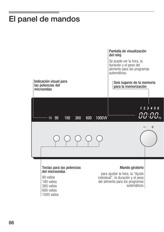 El panel de mandos


                                                    Pantalla de visualización
                                                    del reloj
                                                    Se puede ver la hora, la
                                                    duración y el peso del
                                                    alimento para los programas
                                                    automáticos.

      Indicación visual para                           Seis lugares de la memoria
      las potencias del                                para la memorización
      microondas



                                                                           1 2 3 4 5 6

                   90     180   360    600 1000W                                     kg




           Teclas para las potencias                        Mando giratorio
           del microondas
                                              para ajustar la hora, la Ajuste
           90 vatios                        individual", la duración y el peso
           180 vatios                       del alimento para los programas
           360 vatios                                             automáticos
           600 vatios
           1000 vatios




86
 