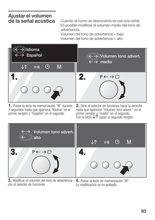 Ajustar el volumen
de la señal acústica                 Cuando el horno se desconecta se oye una señal.
                                     Es posible modificar el volumen medio del tono de
                                     advertencia.
                                     Volumen del tono de advertencia = bajo
                                     Volumen del tono de advertencia = alto


              Idioma
              Español                                             Volumen tono advert.
                                                                  medio
                                   M
  1.                                               2.             P




1. Pulsar la tecla de memorización M" durante 2. Girar el selector de funciones hacia la derecha
4 segundos hasta que aparezca Idioma" en el   hasta que aparezca Volumen tono advert." en el
primer renglón y Español" en el segundo.      primer renglón y medio" en el segundo.
                                               Con la tecla BA pasar al segundo renglón.



                   Volumen tono advert.
                   alto
                                                                                     M
  3.              P                                4.


3. Modificar el volumen del tono de advertencia 4. Pulsar la tecla de memorización M".
con el selector de funciones.                   La modificación se ha grabado.




                                                                                                93
 