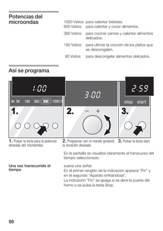 Potencias del
microondas                               1000 Vatios para calentar bebidas.
                                         600 Vatios para calentar y cocer alimentos.
                                         360 Vatios      para cocinar carnes y calentar alimentos
                                                         delicados.
                                         180 Vatios      para ultimar la cocción de los platos que
                                                         se descongelen.
                                          90 Vatios      para descongelar alimentos delicados.


Así se programa




     90    180    360    600    1000 V                                             stop start

 1.                                        2.                                    3.


1. Pulsar la tecla para la potencia      2. Programar con el mando giratorio 3. Pulsar la tecla start.
deseada del microondas.                  la duración deseada.

                                         En la pantalla se visualiza claramente el transcurso del
                                         tiempo seleccionado.

Una vez transcurrido el                  suena una señal.
tiempo                                   En el primer renglón de la indicación aparece Fin" y
                                         en el segundo Aparato enfriándose".
                                         La indicación "Fin" se apaga si se abre la puerta del
                                         horno o se pulsa la tecla Stop.




98
 