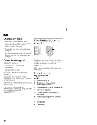 22
Crianças em casa
S Não deixar a embalagem e seus
componentes ao alcance de crianças.
Perigo de asfixia pelos cartões
desdobráveis e películas!
S O aparelho não é um brinquedo para
crianças!
S No caso de aparelhos com fechadura:
Guardar a chave fora do alcance das
crianças!
Determinaçõesgerais
O aparelho destina se
S à refrigeração e congelação
de alimentos,
S à preparação de gelo.
O aparelho destinaĆse a utilização
doméstica.
O aparelho está protegido contra
interferências, de acordo com a directiva
UE 89/336/EEC.
O circuito de frio foi testado quanto a sua
estanquidade.
Este produto corresponde às
determinações sobre segurança em vigor
para aparelhos eléctricos
(EN 60335/2/24).
Familiarização com o
aparelho
Desdobre, por favor, a última página com
as figuras. Estas instruções de serviço
aplicamĆse a vários modelos de
aparelhos.
São, por isso, possíveis diferenças nas
ilustrações.
Exemplo de um
equipamento
Fig. 1
1 Interruptor da luz
2 Selector de temperatura/
Iluminação interior
3 Prateleiras na zona de refrigeração
4 Gaveta de legumes
5 Compartimento para queijo e
manteiga
6 Prateleira para garrafas grandes
A Congelador
B Frigorífico
pt
 