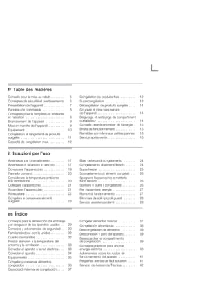 frĄTable des matières
Conseils pour la mise au rebut 5. . . . . . . .
Consignes de sécurité et avertissements 5
Présentation de l'appareil 7. . . . . . . . . . . .
Bandeau de commande 8. . . . . . . . . . . . .
Consignes pour la température ambiante
et l'aération 8. . . . . . . . . . . . . . . . . . . . . . .
Branchement de l'appareil 9. . . . . . . . . . .
Mise en marche de l'appareil 9. . . . . . . . .
Equipement 10. . . . . . . . . . . . . . . . . . . . . . .
Congélation et rangement de produits
surgelés 11. . . . . . . . . . . . . . . . . . . . . . . . . .
Capacité de congélation max. 12. . . . . . . .
Congélation de produits frais 12. . . . . . . . .
Supercongélation 13. . . . . . . . . . . . . . . . . .
Décongélation de produits surgelés 14. . . .
Coupure et mise hors service
de l'appareil 14. . . . . . . . . . . . . . . . . . . . . . .
Dégivrage et nettoyage du compartiment
congélateur 14. . . . . . . . . . . . . . . . . . . . . . .
Conseils pour économiser de l'énergie 15.
Bruits de fonctionnement 15. . . . . . . . . . . .
Remédier soiĆmême aux petites pannes 16
Service aprèsĆvente 16. . . . . . . . . . . . . . . . .
itĄIstruzioni per l'uso
Avvertenze per lo smaltimento 17. . . . . . . .
Avvertenze di sicurezza e pericolo 17. . . . .
Conoscere l'apparecchio 19. . . . . . . . . . . .
Pannello comandi 20. . . . . . . . . . . . . . . . . .
Considerare la temperatura ambiente
e la ventilazione 20. . . . . . . . . . . . . . . . . . . .
Collegare l'apparecchio 21. . . . . . . . . . . . .
Accendere l'apparecchio 21. . . . . . . . . . . .
Attrezzatura 22. . . . . . . . . . . . . . . . . . . . . . .
Congelare e conservare alimenti
surgelati 23. . . . . . . . . . . . . . . . . . . . . . . . . .
Max. potenza di congelamento 24. . . . . . .
Congelamento di alimenti freschi 24. . . . . .
Superfreezer 25. . . . . . . . . . . . . . . . . . . . . .
Scongelamento di alimenti congelati 26. . .
Spegnere l'apparecchio e metterlo
fuori servizio 26. . . . . . . . . . . . . . . . . . . . . . .
Sbrinare e pulire il congelatore 26. . . . . . . .
Per risparmiare energia 27. . . . . . . . . . . . . .
Rumori di funzionamento 27. . . . . . . . . . . .
Eliminare da soli i piccoli guasti 28. . . . . . .
Servizio assistenza clienti 28. . . . . . . . . . . .
esĄÍndice
Consejos para la eliminación del embalaje
y el desguace de los aparatos usados 29. .
Consejos y advertencias de seguridad 30.
Familiarizándose con la unidad 32. . . . . . . .
Cuadro de mandos 32. . . . . . . . . . . . . . . . .
Prestar atención a la temperatura del
entorno y la ventilación 33. . . . . . . . . . . . . .
Conectar el aparato a la red eléctrica 33. . .
Conectar el aparato 34. . . . . . . . . . . . . . . . .
Equipamiento 35. . . . . . . . . . . . . . . . . . . . . .
Congelar y conservar alimentos
congelados 36. . . . . . . . . . . . . . . . . . . . . . .
Capacidad máxima de congelación 37. . . .
Congelar alimentos frescos 37. . . . . . . . . .
Congelación ultrarrápida 38. . . . . . . . . . . . .
Descongelación de alimentos 39. . . . . . . .
Desconexión y paro del aparato 39. . . . . . .
Desescarchar el compartimento
de congelación 39. . . . . . . . . . . . . . . . . . . .
Consejos prácticos para ahorrar
energía eléctrica 40. . . . . . . . . . . . . . . . . . .
Advertencias sobre los ruidos de
funcionamiento del aparato 41. . . . . . . . . .
Pequeñas averías de fácil solución 41. . . .
Servicio de Asistencia Técnica 42. . . . . . . .
 