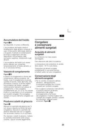 23
Accumulatore del freddo
Figura 5/A
(se disponibili, il numero è differente).
L'accumulatore del freddo ritarda il
riscaldamento degli alimenti conservati in
caso d'interruzione dell'energia elettrica
o di guasto. Il periodo di conservazione
più lungo si raggiunge in tal caso
disponendo l'accumulatore nello
scomparto superiore, direttamente sugli
alimenti.
L'accumulatore del freddo può essere
anche utilizzato per conservare
temporaneamente al freddo alimenti, p.
es. in una borsa termica.
Vassoio di congelamento
Figura 5/B
Il vassoio di congelamento è idoneo alla
conservazione dell'accumulatore del
freddo, e per il congelamento di piccole
quantità di bacche, dolce alla frutta, erbe
aromatiche e verdura. A tal fine togliere
l'accumulatore del freddo, spargere
uniformemente l'alimento sul vassoio di
congelamento, e fare congelare
completamente per 10-12 ca. Poi versare
il tutto in un sacchetto o in un contenitore
per prodotti congelati. Per scongelare,
spargere di nuovo l'alimento congelato sul
vassoio.
Produrre cubetti di ghiaccio
Figura 6
Riempire la vaschetta del ghiaccio per ¾
con acqua e deporla sul fondo del vano
congelatore. Staccare la vaschetta del
ghiaccio attaccata solo con un oggetto
non acuminato (manico di un cucchiaio).
Per staccare i cubetti di ghiaccio, mettere
la vaschetta brevemente sotto acqua
corrente, oppure torcerla leggermente.
Congelare
e conservare
alimenti surgelati
Acquisto di alimenti
surgelati
La confezione non deve essere
danneggiata.
Fare attenzione alla data di scadenza.
La temperatura nel contenitore di vendita
deve essere -18 °C o più bassa.
Trasportare gli alimenti surgelati
possibilmente in una borsa termica
e metterli subito nel vano congelatore.
Conservazione degli
alimenti congelati
S Per la corretta circolazione dell'aria
all'interno dell'apparecchio,
è importante spingere fino in fondo
i cassetti per i prodotti congelati.
S Se si vogliono conservare molti alimenti,
si possono disporre gli alimenti
direttamente sulle griglie
di congelamento e sul fondo
del congelatore. A tal fine togliere tutti
i cassetti per surgelati. Estrarre i cassetti
fino all'arresto, sollevarli avanti
ed estrarli. Figura 7.
it
 
