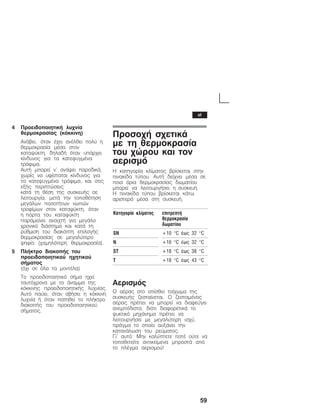 59
4 ÐñïåéäïðïéçôéêÞ ëõ÷íßá
èåñìïêñáóßáò (êüêêéíç)
ÁíÜâåé, üôáí Ý÷åé áíÝëèåé ðïëý ç
èåñìïêñáóßá ìÝóá óôïí
êáôáøýêôç, äçëáäÞ üôáí õðÜñ÷åé
êßíäõíïò ãéá ôá êáôåøõãìÝíá
ôñüöéìá.
ÁõôÞ ìðïñåß í' áíÜøåé ðáñïäéêÜ,
÷ùñßò íá õößóôáôáé êßíäõíïò ãéá
ôá êáôåøõãìÝíá ôñüöéìá, êáé óôéò
åîÞò ðåñéðôþóåéò:
êáôÜ ôç èÝóç ôçò óõóêåõÞò óå
ëåéôïõñãßá, ìåôÜ ôçí ôïðïèÝôçóç
ìåãÜëùí ðïóïôÞôùí íùðþí
ôñïößìùí óôïí êáôáøýêôç, üôáí
ç ðüñôá ôïõ êáôáøýêôç
ðáñáìåßíåé áíïé÷ôÞ ãéá ìåãÜëï
÷ñïíéêü äéÜóôçìá êáé êáôÜ ôç
ñýèìéóç ôïõ äéáêüðôç åðéëïãÞò
èåñìïêñáóßáò óå ìåãáëýôåñï
øçößï (÷áìçëüôåñç èåñìïêñáóßá).
5 ÐëÞêôñï äéáêïðÞò ôïõ
ðñïåéäïðïéçôéêïý ç÷çôéêïý
óÞìáôïò
(ü÷é óå üëá ôá ìïíôÝëá)
Ôï ðñïåéäïðïéçôéêü óÞìá ç÷åß
ôáõôü÷ñïíá ìå ôï Üíáììá ôçò
êüêêéíçò ðñïåéäïðïéçôéêÞò ëõ÷íßáò.
Áõôü ðáýåé, üôáí óâÞóåé ç êüêêéíç
ëõ÷íßá Þ üôáí ðáôçèåß ôï ðëÞêôñï
äéáêïðÞò ôïõ ðñïåéäïðïéçôéêïý
óÞìáôïò.
Ðñïóï÷Þ ó÷åôéêÜ
ìå ôç èåñìïêñáóßá
ôïõ ÷þñïõ êáé ôïí
áåñéóìü
Ç êáôçãïñßá êëßìáôïò âñßóêåôáé óôçí
ðéíáêßäá ôýðïõ. ÁõôÞ äåß÷íåé ìÝóá óå
ðïéá üñéá èåñìïêñáóßáò äùìáôßïõ
ìðïñåß íá ëåéôïõñãÞóåé ç óõóêåõÞ.
Ç ðéíáêßäá ôýðïõ âñßóêåôáé êÜôù
áñéóôåñÜ ìÝóá óôç óõóêåõÞ.
Êáôçãïñßá êëßìáôïò åðéôñåðôÞ
èåñìïêñáóßá
äùìáôßïõ
SN +10 °C Ýùò 32 °C
N +16 °C Ýùò 32 °C
ST +18 °C Ýùò 38 °C
T +18 °C Ýùò 43 °C
Áåñéóìüò
Ï áÝñáò óôï ïðßóèéï ôïß÷ùìá ôçò
óõóêåõÞò æåóôáßíåôáé. Ï æåóôáìÝíïò
áÝñáò ðñÝðåé íá ìðïñåß íá äéáöåýãåé
áíåìðüäéóôá, äéüôé äéáöïñåôéêÜ ôï
øõêôéêü ìç÷Üíçìá ðñÝðåé íá
ëåéôïõñãÞóåé ìå ìåãáëýôåñç éó÷ý,
ðñÜãìá ôï ïðïßï áõîÜíåé ôçí
êáôáíÜëùóç ôïõ ñåýìáôïò.
Ãé' áõôü: Ìçí êáëýðôåôå ðïôÝ ïýôå íá
ôïðïèåôåßôå áíôéêåßìåíá ìðñïóôÜ áðü
ôï ðëÝãìá áåñéóìïý!
el
 