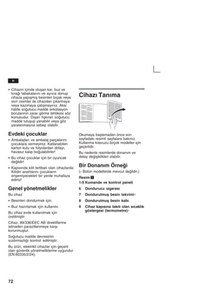 72
S Cihazžn içinde oluåan kar, buz ve
kžraž tabakalaržnž ve ayržca donup
cihaza yapžåmžå besinleri bžçak veya
sivri cisimler ile cihazdan çžkarmaya
veya kazžmaya çalžåmayžnžz. Aksi
halde soutucu madde sirkülasyon
borularžnžn zarar görme tehlikesi söz
konusudur. Džåarž fžåkžran soutucu
madde tutuåup yanabilir veya göz
yaralanmasžna sebep olabilir.
Evdeki çocuklar
S Ambalajlarž ve ambalaj parçalaržnž
çocuklara vermeyiniz. Katlanabilen
karton kutu ve folyolardan dolayž,
havasžz kalžp boulabilirler!
S Bu cihaz çocuklar için bir oyuncak
deildir!
S Kapžsžnda kilit tertibatž olan cihazlarda:
Kilidin anahtaržnž çocuklaržn
eriåemiyecekleri bir yerde muhafaza
ediniz!
Genel yönetmelikler
Bu cihaz
S Besinleri dondurmak için.
S Buz hazžrlamak için kullanžlžr.
Bu cihaz evde kullanžlmak için
üretilmiåtir.
Cihaz, 89/336/EEC AB direktiflerine
istinaden parazitlenmeye karåž
korunmuåtur.
Soutucu madde devresinin
sžzdžrmazlžž kontrol edilmiåtir.
Bu ürün, elektrikli cihazlar için geçerli
olan güvenlik yönetmeliklerine uygundur
(EN 60335/2/24).
Cihazž Tanžma
Okumaya baålamadan önce son
sayfadaki resimli sayfalara bakžnžz.
Kullanma kžlavuzu birçok modeller için
geçerlidir.
Bu nedenle resimlerde donanžm ve
detay deiåiklikleri olabilir.
Bir Donanžm Örnei
(* Bütün modellerde mevcut deildir.)
Resim 1
1-5 Kumanda ve kontrol paneli
6 Dondurucu žzgarasž
7 Dondurulmuå besin takvimi∗
8 Dondurulmuå besin kabž
9 Cihaz kapžsžna takžlž olan sžcaklžk
göstergesi (termometre)∗
tr
 