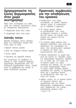 33
×ñçóéìïðïéåßôå ôéò
æþíåò èåñìïêñáóßáò
óôïí ÷þñï
óõíôÞñçóçò!
×Üñç óôçí êõêëïöïñßá ôïõ áÝñá
ìÝóá óôç óõóêåõÞ ðñïêýðôïõí æþíåò
ìå äéáöïñåôéêÞ èåñìïêñáóßá:
Ç èåñìüôåñç æþíç åßíáé ðÜíù.
Ç øõ÷ñüôåñç æþíç åßíáé êÜôù.
ÄéÜôáîç ðïôþí
Öýëáîç äéáöüñùí ôýðùí êñáóéþí
âÜóåé ôçò áêüëïõèçò óåéñÜò áðü
ðÜíù ðñïò ôá êÜôù:
S âáñåéÜ êüêêéíá êñáóéÜ,
S ñïæÝ êáé åëáöñéÜ êüêêéíá êñáóéÜ,
S ëåõêü êñáóß,
S óáìðÜíéá êáé áöñþäç êñáóéÜ.
Óáò óõíéóôïýìå íá óåñâßñåôå ôá
êñáóéÜ óå êáôÜ ìåñéêïýò âáèìïýò
÷áìçëüôåñç èåñìïêñáóßá áðü ôçí
åðéèõìçôÞ èåñìïêñáóßá ðüóçò, åðåéäÞ
êáôÜ ôï óåñâßñéóìá óôï ðïôÞñé ôï
êñáóß æåóôáßíåôáé ãñÞãïñá.
ÐñáêôéêÝò óõìâïõëÝò
ãéá ôçí áðïèÞêåõóç
ôïõ êñáóéïý
S Áðïèçêåýåôå óôïí ÷þñï
óõíôÞñçóçò ôéò öéÜëåò êñáóéïý
ðÜôïíôå ÷ùñßò ôç óõóêåõáóßá -
ü÷é óå êáöÜóéá Þ ÷áñôüíéá.
S Ïé ðáëéÝò öéÜëåò ðñÝðåé
íá ôïðïèåôçèïýí Ýôóé, þóôå
íá âñÝ÷åôáé óõíå÷þò ï öåëëüò.
Äåí èá ðñÝðåé íá õðÜñ÷åé ðïôÝ
ìåôáîý ôïõ êñáóéïý êáé ôïõ
öåëëïý áÝñáò.
S Ôá áíïé÷ôÜ ñÜöéá öéáëþí åßíáé
éäéáßôåñá êáôÜëëçëá, ãéáôß áõôÜ äåí
äéáêüðôïõí ôçí êõêëïöïñßá ôïõ
áÝñá. ¸ôóé îáíáóôåãíþíåé ãñÞãïñá
ç õãñáóßá ôïõ áÝñá, ðïõ
óõìðõêíþíåôáé óôéò öéÜëåò.
S Ðñïôïý áðïëáýóåôå ôï êñáóß óáò,
áõôü èá ðñÝðåé íá "æåóôáèåß" áñãÜ
(óå èåñìïêñáóßá äùìáôßïõ): ÂãÜæåôå
ð.÷. ôï ñïæÝ ðåñ. 2-5 þñåò êáé
ôï êüêêéíï êñáóß 4-5 þñåò
íùñßôåñá óôï ôñáðÝæé, ãéá íá Ý÷åôå
ôç óùóôÞ èåñìïêñáóßá ðüóçò.
Ôï ëåõêü êñáóß áíôßèåôá Ýñ÷åôáé
êáôåõèåßáí óôï ôñáðÝæé. Ï áöñþäçò
ïßíïò êáé ç óáìðÜíéá ðñÝðåé
íá ôïðïèåôïýíôáé ëßãï ðñéí ôçí
ðüóç óôï øõãåßï.
S ËÜâåôå õðüøç, üôé ôá êñáóéÜ ðñÝðåé
íá øý÷ïíôáé ðÜíôïôå ëßãï
÷áìçëüôåñá áðü ôçí éäáíéêÞ
èåñìïêñáóßá óåñâéñßóìáôïò, åðåéäÞ,
üôáí óåñâéñéóôïýí óôï ðïôÞñé,
æåóôáßíïíôáé áìÝóùò êáôÜ
1 Ýùò 2 °C!
el
 