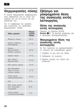 34
Èåñìïêñáóßåò ðüóçò
Ç óùóôÞ èåñìïêñáóßá óåñâéñßóìáôïò
åßíáé êáèïñéóôéêÞ ãéá ôç ãåýóç ôïõ
êñáóéïý êáé ùò åê ôïýôïõ ãéá ôçí
áðüëáõóÞ ôïõ.
Ãéá ôï óåñâßñéóìá ôïõ êñáóéïý,
óÜòĂóõíéóôïýìå ôéò áêüëïõèåò
èåñìïêñáóßåò ðüóçò:
Åßäïò êñáóéïý
ÈåñìïĆ
êñáóßá
ðüóçò
Ìðïñíôü êüêêéíï 18 ºC
Êüêêéíï Côtes du
Rhone/Barolo
17 ºC
Êüêêéíï
Âïõñãïõíäßáò/
Êüêêéíï ìðïñíôü
16 ºC
Êñáóßá ðïñôü 15 ºC
ÍÝï êüêêéíï
Âïõñãïõíäßáò
14 ºC
ÍÝá êüêêéíá êñáóéÜ 12 ºC
ÍÝï Beaujolais/
¼ëá ôá ëåõêÜ
õðüîéíá êñáóéÜ
11 ºC
ÐáëéÜ ëåõêÜ
êñáóéÜ/Chardonnay
10 ºC
ÓÝñé 9 ºC
ÍÝá ëåõêÜ êñáóéÜ
áðü ôåëåõôáßáò
óõãêïìéäÞò
8 ºC
ËåõêÜ êñáóéÜ
Loire/EntreĆdeuxĆMers
7 ºC
ÓâÞóéìï êáé
ìáêñï÷ñüíéá èÝóç
ôçò óõóêåõÞò åêôüò
ëåéôïõñãßáò
ÈÝóç ôçò óõóêåõÞò
åêôüò ëåéôïõñãßáò
ÐáôÞóôå ôï ðëÞêôñï On/Off,
Åéêüíá 1/1. Ôï øõêôéêü ìç÷Üíçìá êáé
ï öùôéóìüò áðåíåñãïðïéïýíôáé.
Ìáêñï÷ñüíéá èÝóç ôçò
óõóêåõÞò åêôüò
ëåéôïõñãßáò
Áí äåí ðñüêåéôáé íá ÷ñçóéìïðïéÞóåôå
ôç óõóêåõÞ ãéá ðåñéóóüôåñï ÷ñüíï:
1. ÔñáâÜôå ôï öéò áðü ôçí ðñßæá.
2. Êáèáñßóôå ôç óõóêåõÞ.
3. ÁöÞóôå áíïé÷ôÞ ôçí ðüñôá ôçò
óõóêåõÞò.
el
 