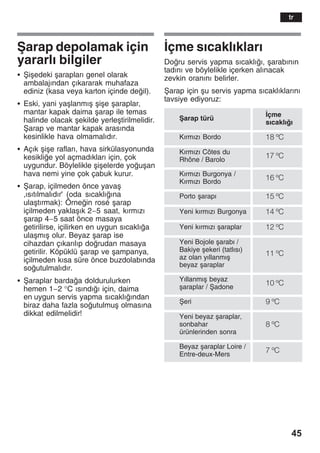 45
Åarap depolamak için
yararlž bilgiler
S Åiåedeki åaraplarž genel olarak
ambalajžndan çžkararak muhafaza
ediniz (kasa veya karton içinde deil).
S Eski, yani yaålanmžå åiåe åaraplar,
mantar kapak daima åarap ile temas
halinde olacak åekilde yerleåtirilmelidir.
Åarap ve mantar kapak arasžnda
kesinlikle hava olmamalždžr.
S Açžk åiåe raflarž, hava sirkülasyonunda
kesiklie yol açmadžklarž için, çok
uygundur. Böylelikle åiåelerde youåan
hava nemi yine çok çabuk kurur.
S Åarap, içilmeden önce yavaå
,žsžtžlmalždžr' (oda sžcaklžžna
ulaåtžrmak): Örnein rosé åarap
içilmeden yaklaåžk 2-5 saat, kžrmžzž
åarap 4-5 saat önce masaya
getirilirse, içilirken en uygun sžcaklža
ulaåmžå olur. Beyaz åarap ise
cihazdan çžkaržlžp dorudan masaya
getirilir. Köpüklü åarap ve åampanya,
içilmeden kžsa süre önce buzdolabžnda
soutulmalždžr.
S Åaraplar bardaa doldurulurken
hemen 1-2 °C žsžndžž için, daima
en uygun servis yapma sžcaklžžndan
biraz daha fazla soutulmuå olmasžna
dikkat edilmelidir!
Žçme sžcaklžklarž
Doru servis yapma sžcaklžž, åarabžnžn
tadžnž ve böylelikle içerken alžnacak
zevkin oranžnž belirler.
Åarap için åu servis yapma sžcaklžklaržnž
tavsiye ediyoruz:
Åarap türü
Žçme
sžcaklžž
Kžrmžzž Bordo 18 ºC
Kžrmžzž Côtes du
Rhône / Barolo
17 ºC
Kžrmžzž Burgonya /
Kžrmžzž Bordo
16 ºC
Porto åarapž 15 ºC
Yeni kžrmžzž Burgonya 14 ºC
Yeni kžrmžzž åaraplar 12 ºC
Yeni Bojole åarabž /
Bakiye åekeri (tatlžsž)
az olan yžllanmžå
beyaz åaraplar
11 ºC
Yžllanmžå beyaz
åaraplar / Åadone
10 ºC
Åeri 9 ºC
Yeni beyaz åaraplar,
sonbahar
ürünlerinden sonra
8 ºC
Beyaz åaraplar Loire /
Entre-deux-Mers
7 ºC
tr
 