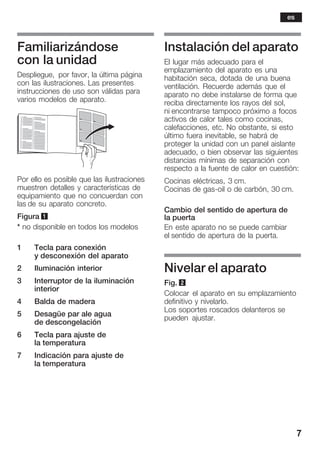 7
Familiarizándose
con la unidad
Despliegue, por favor, la última página
con las ilustraciones. Las presentes
instrucciones de uso son válidas para
varios modelos de aparato.
Por ello es posible que las ilustraciones
muestren detalles y características de
equipamiento que no concuerdan con
las de su aparato concreto.
Figura 1
* no disponible en todos los modelos
1 Tecla para conexión
y desconexión del aparato
2 Iluminación interior
3 Interruptor de la iluminación
interior
4 Balda de madera
5 Desagüe par ale agua
de descongelación
6 Tecla para ajuste de
la temperatura
7 Indicación para ajuste de
la temperatura
Instalación del aparato
El lugar más adecuado para el
emplazamiento del aparato es una
habitación seca, dotada de una buena
ventilación. Recuerde además que el
aparato no debe instalarse de forma que
reciba directamente los rayos del sol,
ni encontrarse tampoco próximo a focos
activos de calor tales como cocinas,
calefacciones, etc. No obstante, si esto
último fuera inevitable, se habrá de
proteger la unidad con un panel aislante
adecuado, o bien observar las siguientes
distancias mínimas de separación con
respecto a la fuente de calor en cuestión:
Cocinas eléctricas, 3 cm.
Cocinas de gasĆoil o de carbón, 30 cm.
Cambio del sentido de apertura de
la puerta
En este aparato no se puede cambiar
el sentido de apertura de la puerta.
Nivelar el aparato
Fig. 2
Colocar el aparato en su emplazamiento
definitivo y nivelarlo.
Los soportes roscados delanteros se
pueden ajustar.
es
 