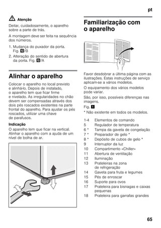 pt
65
m Atenção
Deitar, cuidadosamente, o aparelho
sobre a parte de trás.
A montagem deve ser feita na sequência
dos números.
1. Mudança do puxador da porta.
Fig. */B
2. Alteração do sentido de abertura
da porta. Fig. */A
Alinhar o aparelho
Colocar o aparelho no local previsto
e alinhá-lo. Depois de instalado,
o aparelho tem que ficar firme
e nivelado. As irregularidades no chão
devem ser compensadas através dos
dois pés roscados existentes na parte
frontal do aparelho. Para ajustar os pés
roscados, utilizar uma chave
de parafusos.
Indicação
O aparelho tem que ficar na vertical.
Alinhar o aparelho com a ajuda de um
nível de bolha de ar.
Familiarização com
o aparelho
Favor desdobrar a última página com as
ilustrações. Estas instruções de serviço
aplicam-se a vários modelos.
O equipamento dos vários modelos
pode variar.
São, por isso, possíveis diferenças nas
imagens.
Fig. !
* Não existente em todos os modelos.
1-4 Elementos de comando
5 Regulador de temperatura
6 * Tampa da gaveta de congelação
7 * Preparador de gelo *
8 * Depósito de cubos de gelo *
9 Interruptor da luz
10 Compartimento «Chiller»
11 Abertura de ventilação
12 Iluminação
13 Prateleiras na zona
de refrigeração
14 Gaveta para fruta e legumes
15 Pés de enroscar
16 Suporte para ovos
17 Prateleira para bisnagas e caixas
pequenas
18 Prateleira para garrafas grandes
 