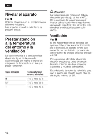 16
Nivelar el aparato
Fig. 2
Colocar el aparato en su emplazamiento
definitivo y nivelarlo.
Los soportes roscados delanteros se
pueden ajustar.
Prestar atención
a la temperatura
del entorno y la
ventilación
La clase climática a la que pertenece
el aparato figura en la placa de
características del mismo e indica los
márgenes de temperatura en los que
puede funcionar.
Clase climática Temperatura del
entorno admisible
N +16 °C hasta 32 °C
ST +16 °C hasta 38 °C
T +16 °C hasta 43 °C
! ¡Atención!
La temperatura del recinto no deberá
descender por debajo de los +16 °C.
De lo contrario, la temperatura en el
interior del compartimiento frigorífico es
demasiado baja (frío) y los alimentos más
sensibles o delicados pueden sufrir
daños.
Ventilación
Fig. 3
El aire recalentado en los laterales del
aparato debe poder escapar libremente.
De lo contrario, el aparato tendrá que
aumentar su rendimiento, provocando
un consumo de energía eléctrica elevado
e inútil.
Por esta razón, al instalar el aparato
deberán observarse unas distancias
laterales mínimas de 4 cm respecto
a paredes y muebles adyacentes.
Esta distancia también es necesaria para
que la puerta del aparato pueda abrir en
un ángulo mínimo de 90°.
es
 
